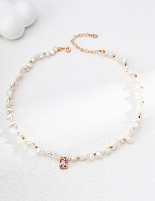 Unique Pearl Necklace - S925 Silver, Baroque Pearls, Pink Zircon Sparkle