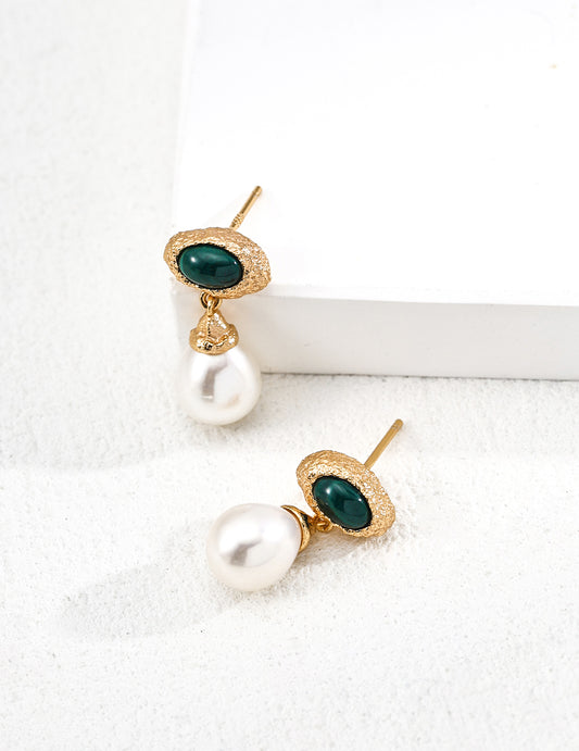 Pearl & Malachite Earrings - S925 Silver, Natural Beauty