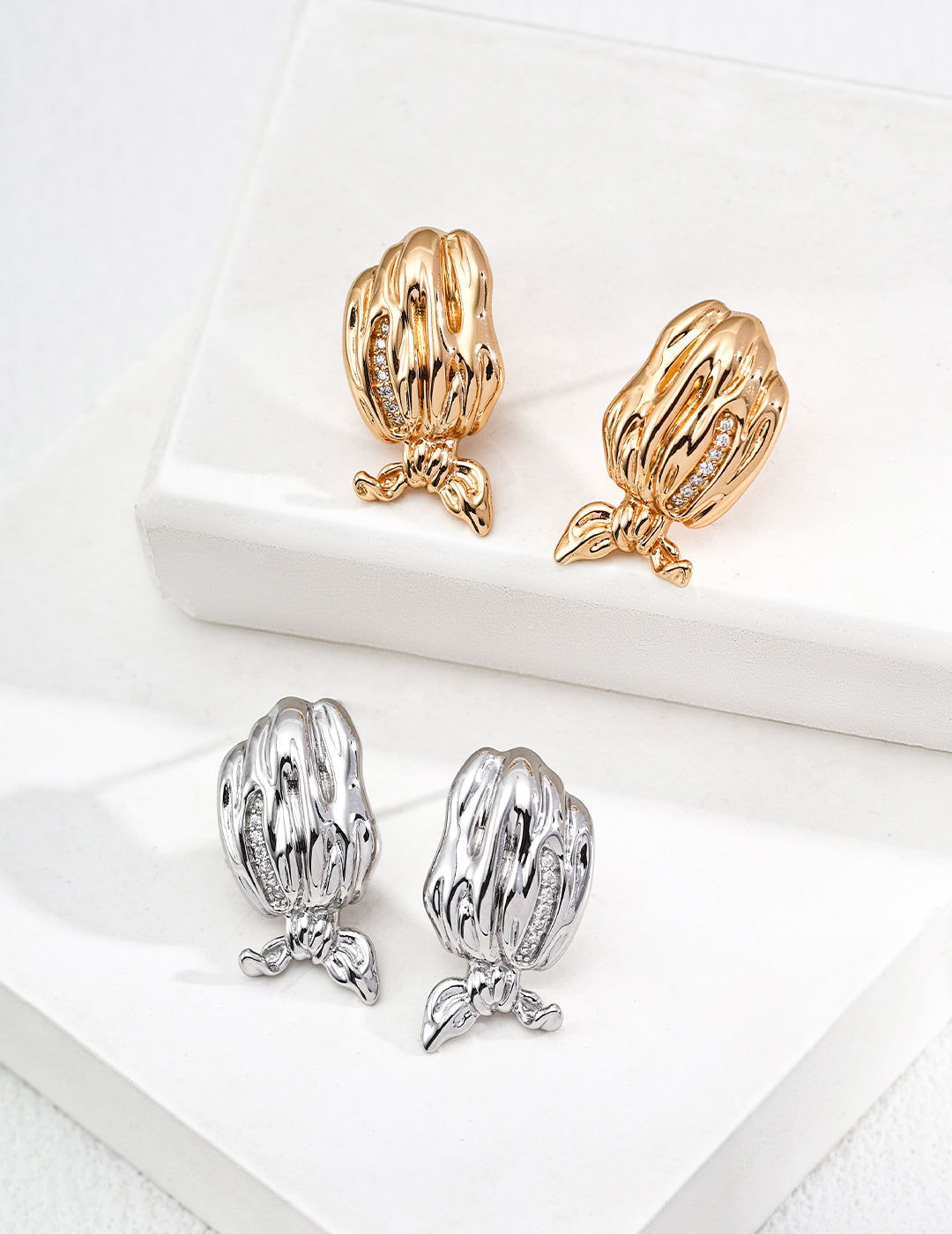 Vintage Scarf Earrings - S925 Silver, Delicate Zircon Accent, Girly Chic