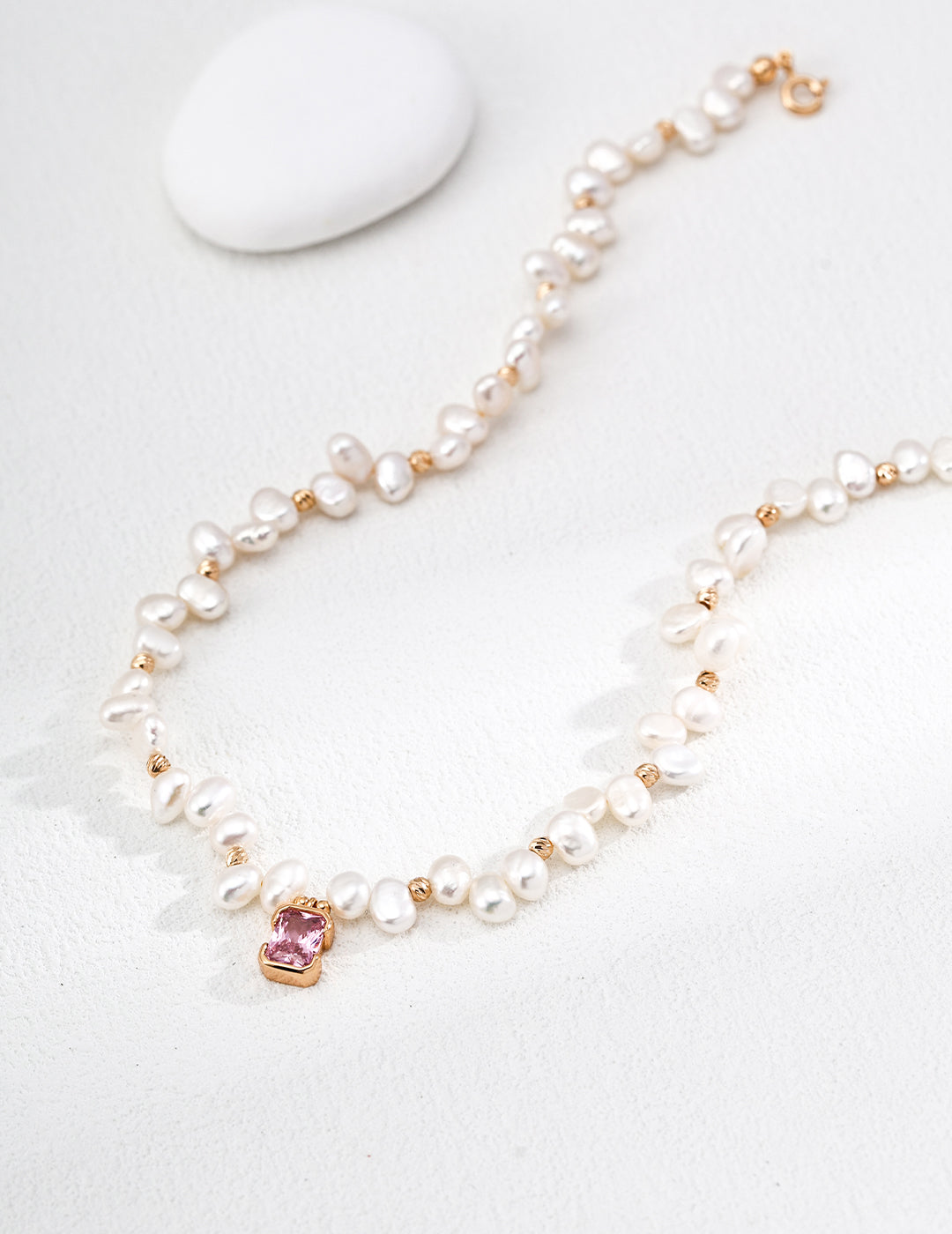 Unique Pearl Necklace - S925 Silver, Baroque Pearls, Pink Zircon Sparkle