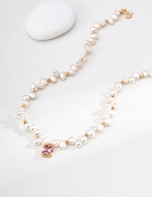 Unique Pearl Necklace - S925 Silver, Baroque Pearls, Pink Zircon Sparkle