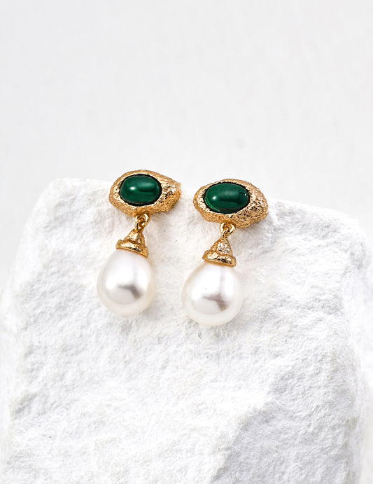 Pearl & Malachite Earrings - S925 Silver, Natural Beauty