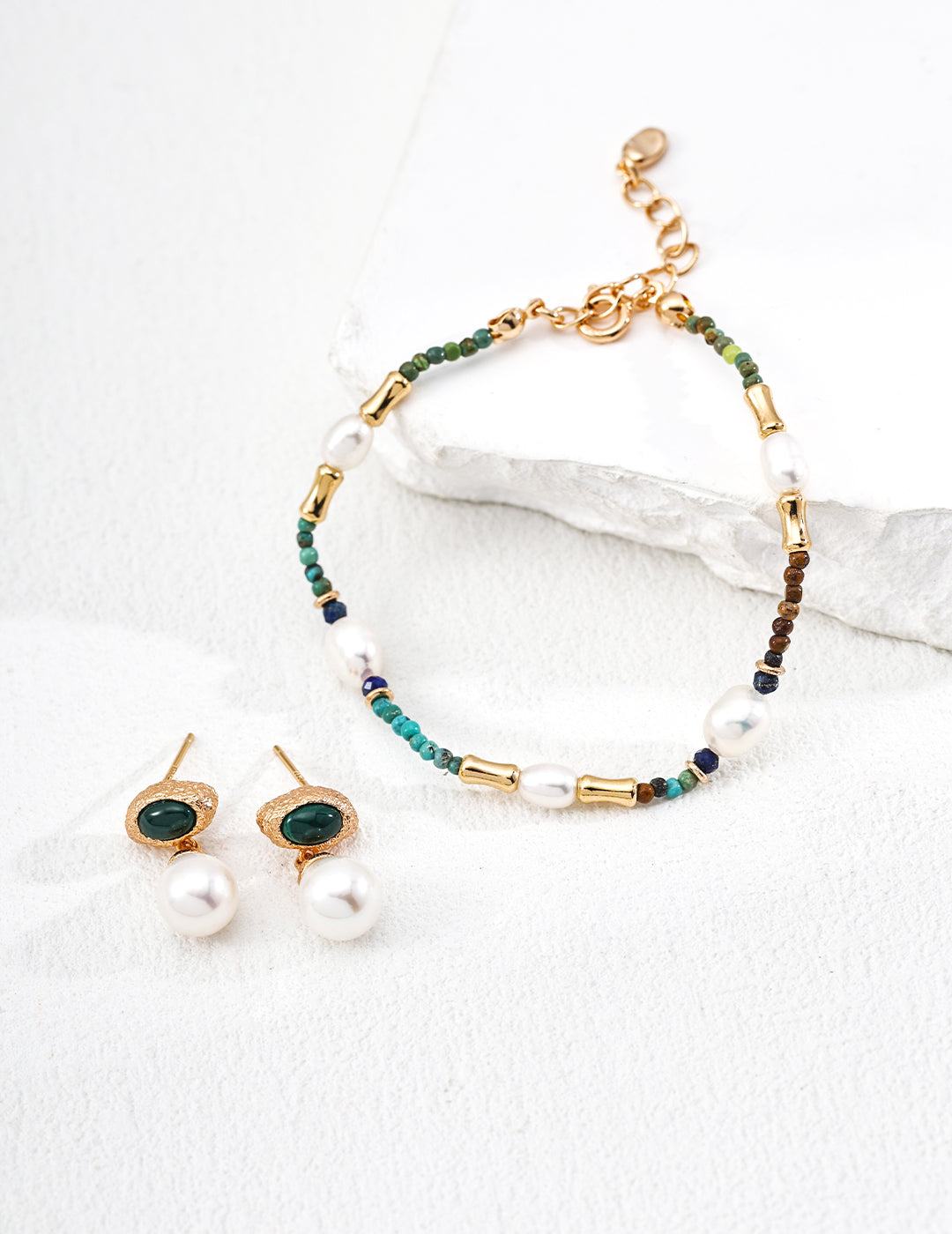 Pearl & Malachite Earrings - S925 Silver, Natural Beauty