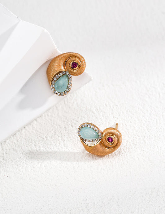Ocean-Inspired Earrings - S925 Silver Nautilus with Zircon & Blue Gem