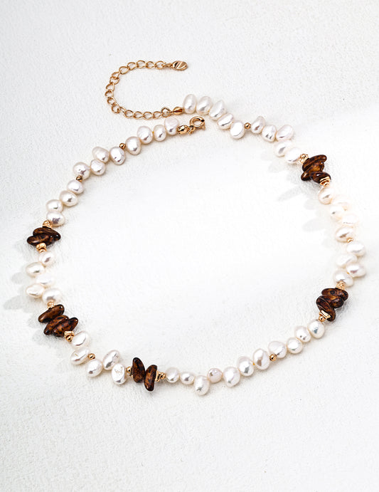 Bohemian S925 Silver Baroque Pearl Necklace with Amber Czech Glass Beads for Autumn