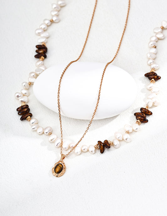 Bohemian S925 Silver Baroque Pearl Necklace with Amber Czech Glass Beads for Autumn