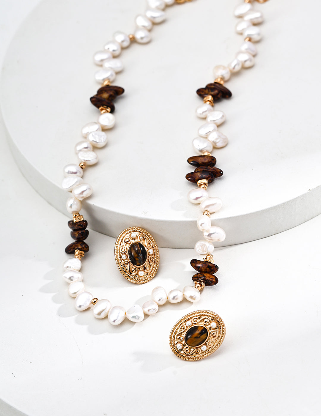 Bohemian S925 Silver Baroque Pearl Necklace with Amber Czech Glass Beads for Autumn